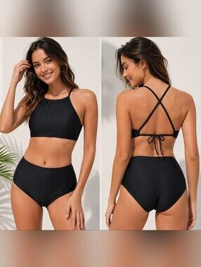 Aerie Women's Black Two Piece Bikini Set High Neck Top M High Waist Bottom S/P
